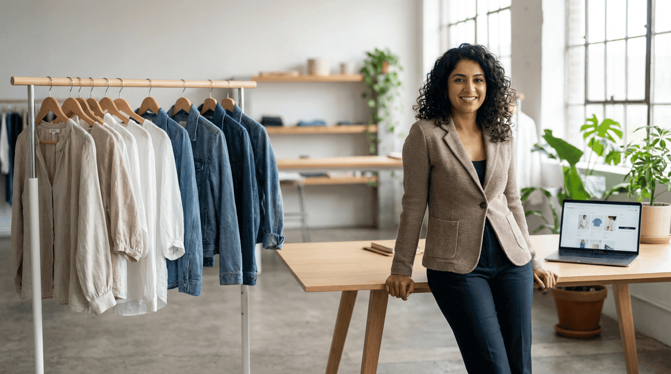 Ecommerce clothing shop owner in a modern boutique setting