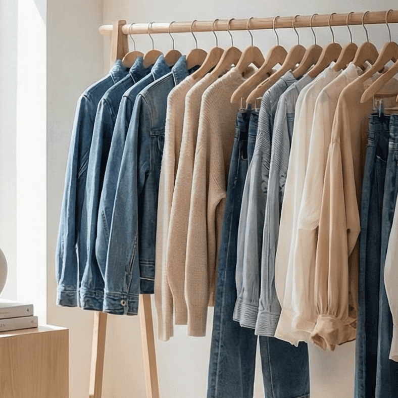 Wooden rack with denim jackets, knit sweaters, blouses, and jeans in neutral palette